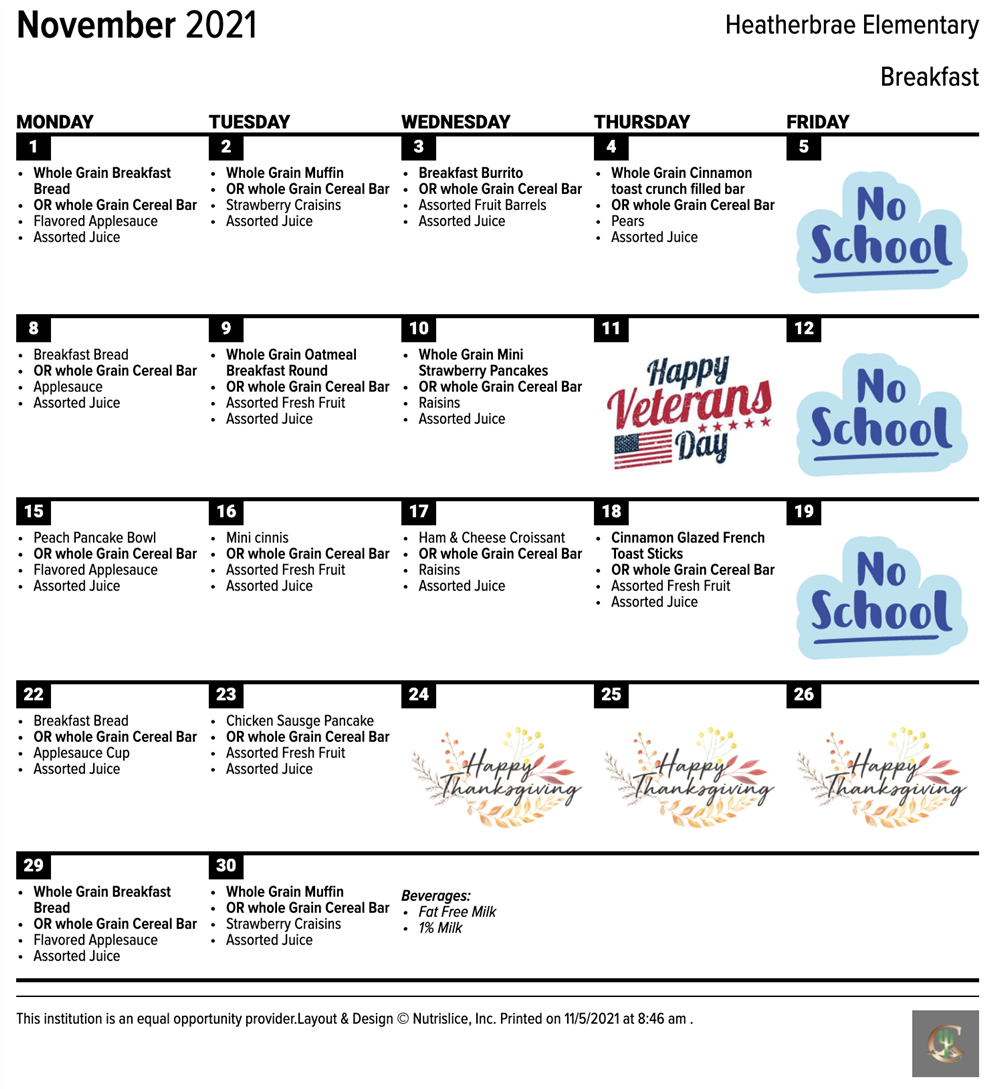 Heatherbrae November Breakfast Calendar English